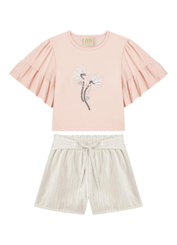 Milli e Nina - Conjunto Blusa e Shorts em Linho Brilho Rosa 1