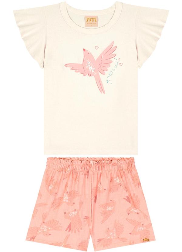 Milli e Nina - Conjunto Blusa e Shorts em Malha Enrugada Bege