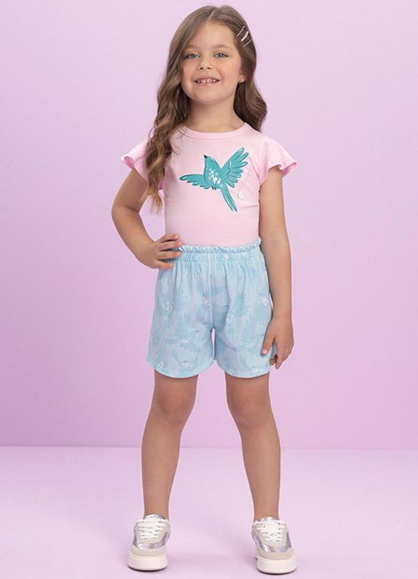 Milli e Nina - Conjunto Blusa e Shorts em Malha Enrugada Rosa