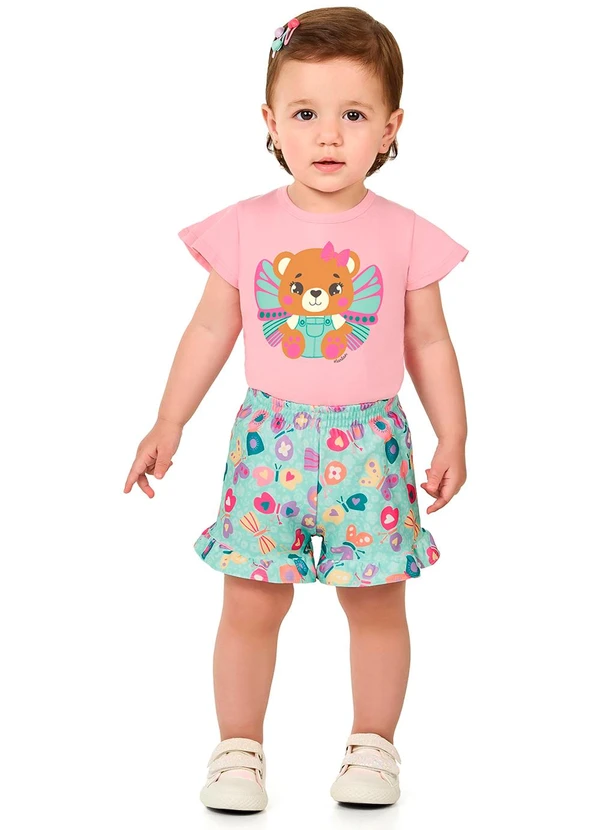 Marlan - Conjunto Blusa e Shorts em Malha Luna Menina Rosa