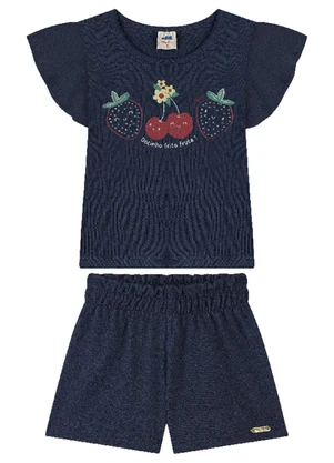 Marlan - Conjunto Blusa e Shorts em Malha Poá Menina Azul - MARLAN
