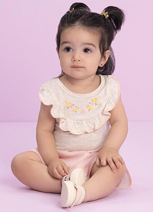 Milli e Nina - Conjunto Blusa e Shorts em Malha Waffer Bege