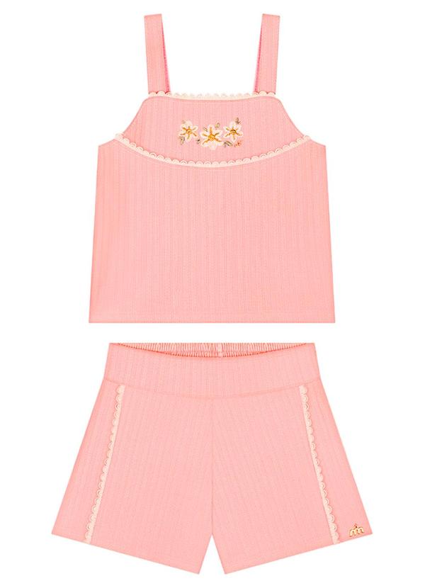 Milli e Nina - Conjunto Blusa e Shorts em Malha Waffer Rosa