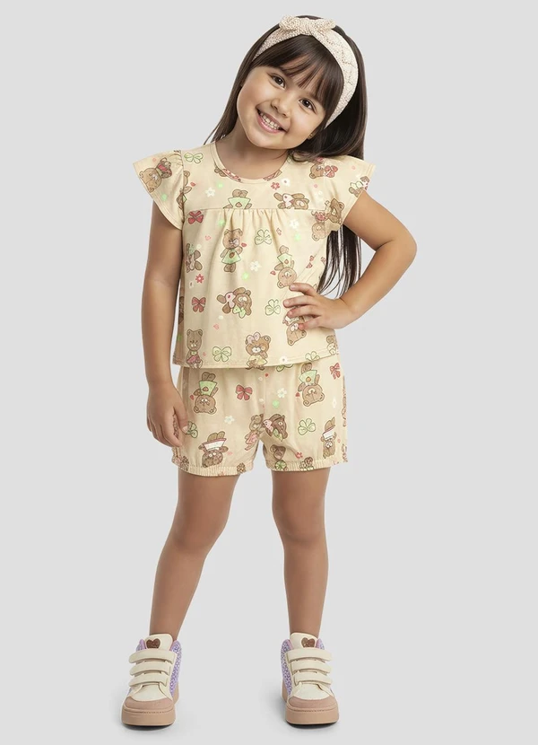 Kely Kety - Conjunto Blusa e Shorts em Meia Malha Bege