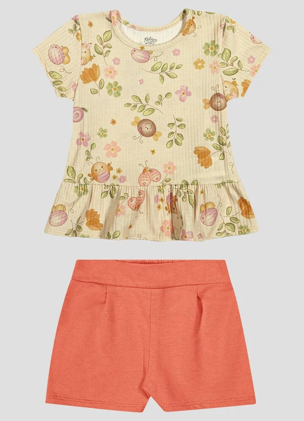 Kely Kety - Conjunto Blusa e Shorts em Moletinho Bege