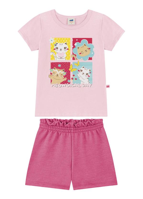 Marlan - Conjunto Blusa e Shorts em Moletinho Jeans Rosa