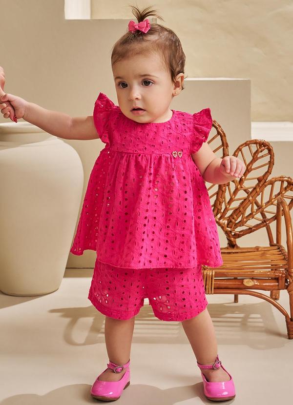 Pokótinha - Conjunto Blusa e Shorts em Tecido Bordado Rosa