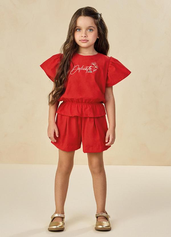 Milli e Nina - Conjunto Blusa e Shorts em Tecido Plano Vermelho 1