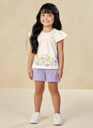 Milli e Nina - Conjunto Blusa e Shorts em Tecido Wind Bege - MILLI E NINA