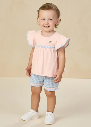 Milli e Nina - Conjunto Blusa e Shorts em Tricoline Vichy Rosa - MILLI E NINA