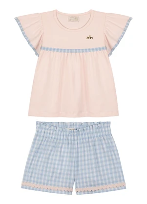 Milli e Nina - Conjunto Blusa e Shorts em Tricoline Vichy Rosa - MILLI E NINA