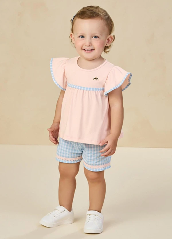 Milli e Nina - Conjunto Blusa e Shorts em Tricoline Vichy Rosa