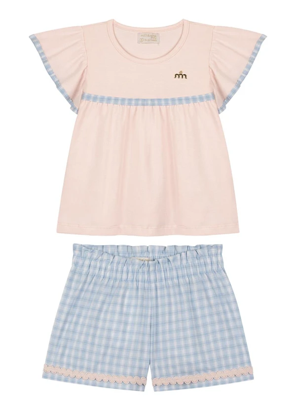 Milli e Nina - Conjunto Blusa e Shorts em Tricoline Vichy Rosa 2