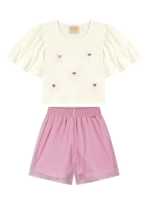 Milli e Nina - Conjunto Blusa e Shorts em Tule Bege - MILLI E NINA