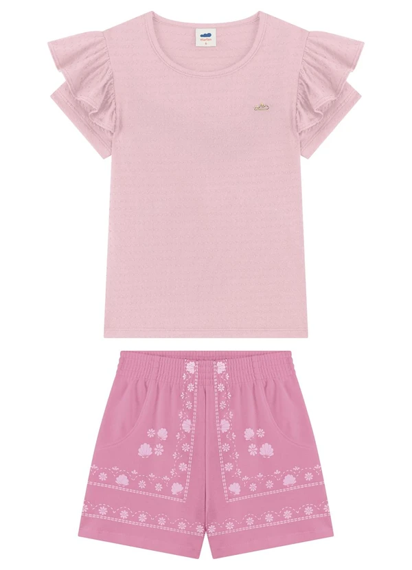 Marlan - Conjunto Blusa e Shorts Estampa Relevo Rosa