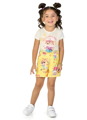 Marlan - Conjunto Blusa e Shorts Gatinhas Fashion Bege - MARLAN