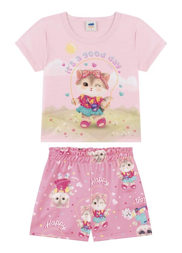 Marlan - Conjunto Blusa e Shorts Gatinhas Fashion Rosa