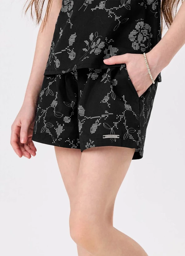 Trick Nick - Conjunto Blusa e Shorts Popeline Floral Preto 5