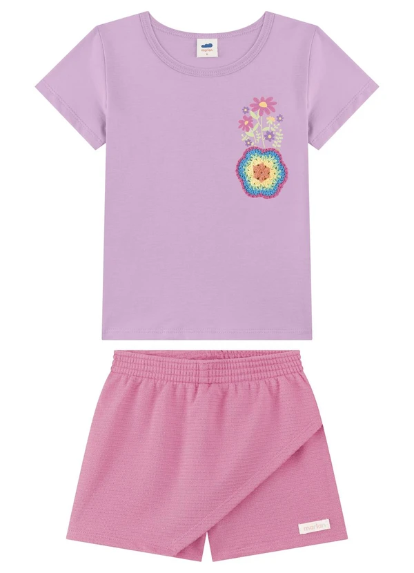 Marlan - Conjunto Blusa e Shorts Saia Bolso Crochê Roxo
