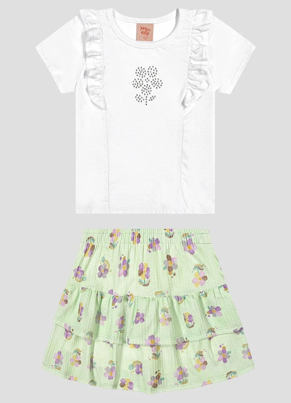 Kely Kety - Conjunto Blusa e Shorts-Saia com Elastano Branco