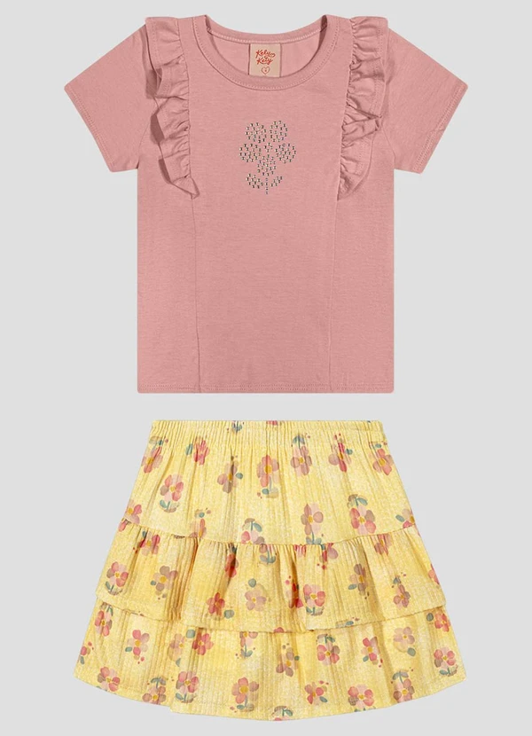 Kely Kety - Conjunto Blusa e Shorts-Saia com Elastano Rosa