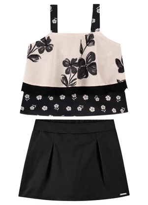 Milli e Nina - Conjunto Blusa e Shorts Saia de Sarja Bege - MILLI E NINA
