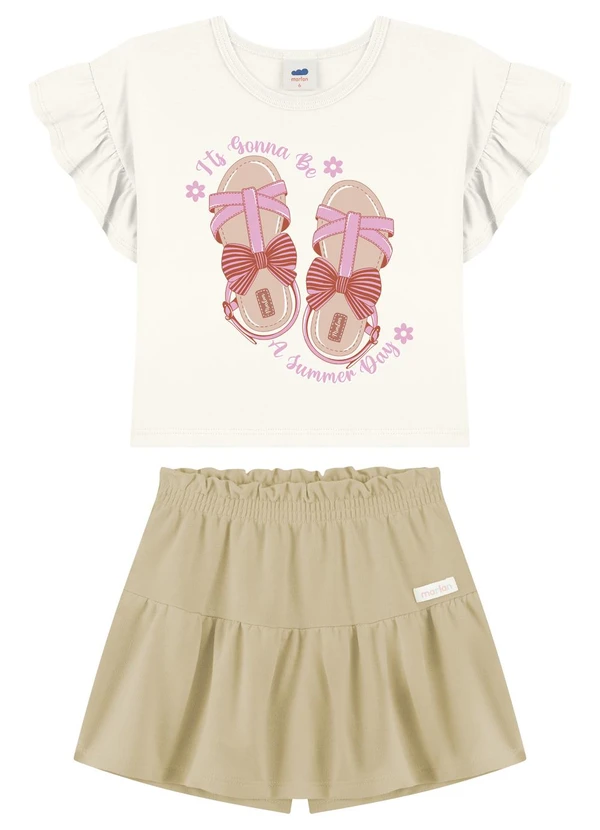 Marlan - Conjunto Blusa e Shorts Saia Menina Bege
