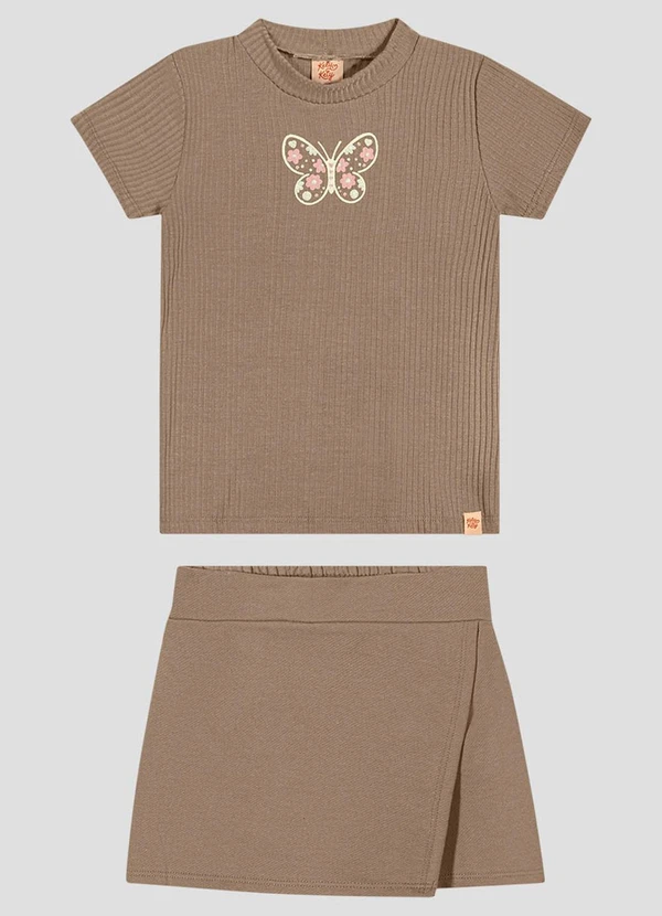 Kely Kety - Conjunto Blusa e Shorts-Saia Sarjado Marrom
