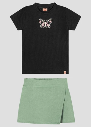 Kely Kety - Conjunto Blusa e Shorts-Saia Sarjado Preto - KELY KETY