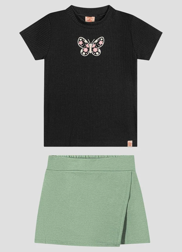 Kely Kety - Conjunto Blusa e Shorts-Saia Sarjado Preto