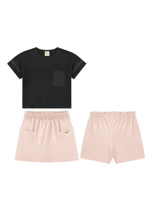 Milli e Nina - Conjunto Blusa e Shot/Saia Texturizado Preto - MILLI E NINA