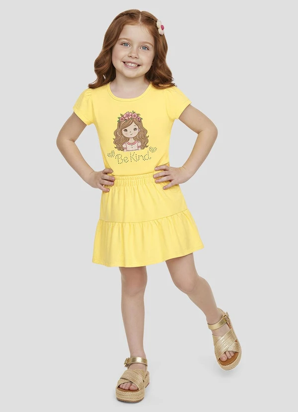 Kely Kety - Conjunto Blusa em Cotton e Saia em Malha Amarelo