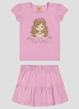 Kely Kety - Conjunto Blusa em Cotton e Saia em Malha Rosa - KELY KETY