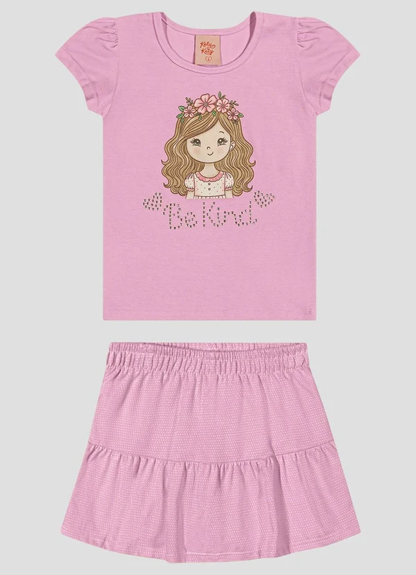 Kely Kety - Conjunto Blusa em Cotton e Saia em Malha Rosa