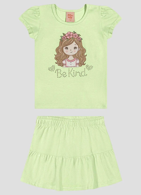 Kely Kety - Conjunto Blusa em Cotton e Saia em Malha Verde