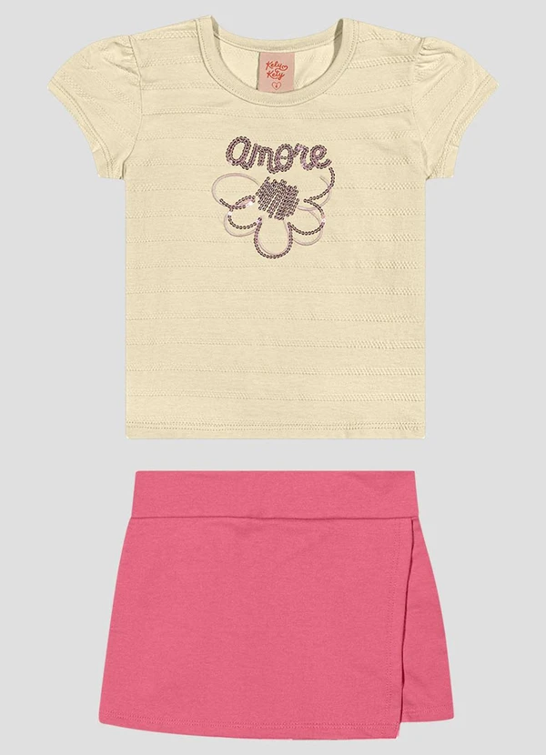 Kely Kety - Conjunto Blusa em Malha e Shorts-Saia Bege
