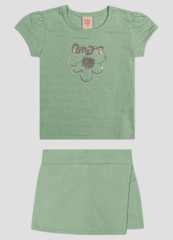 Kely Kety - Conjunto Blusa em Malha e Shorts-Saia Verde