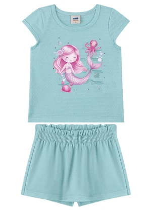 Marlan - Conjunto Blusa em Malha Poá e Short Saia Menina Az - MARLAN