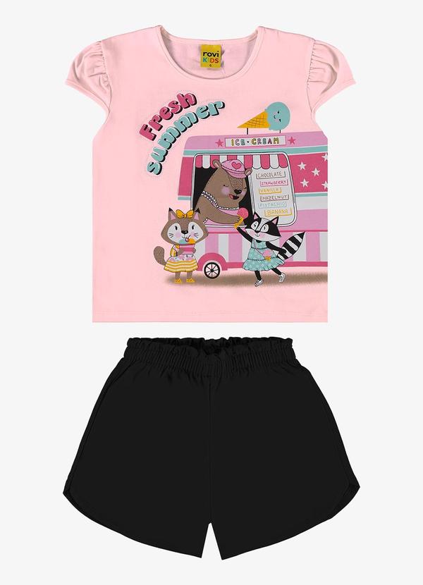 Rovi Kids - Conjunto Blusa Estampa Animada e Shorts Rosa