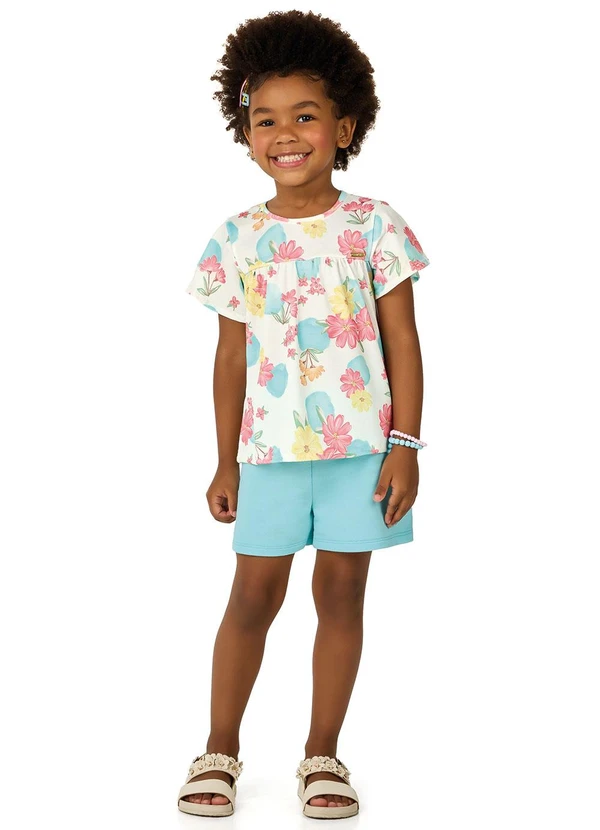 Marlan - Conjunto Blusa Estampada e Shorts Menina Bege