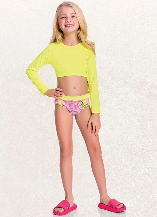 Fakini Kids - Conjunto Blusa M/Longa/Top/Calcinha Amarelo