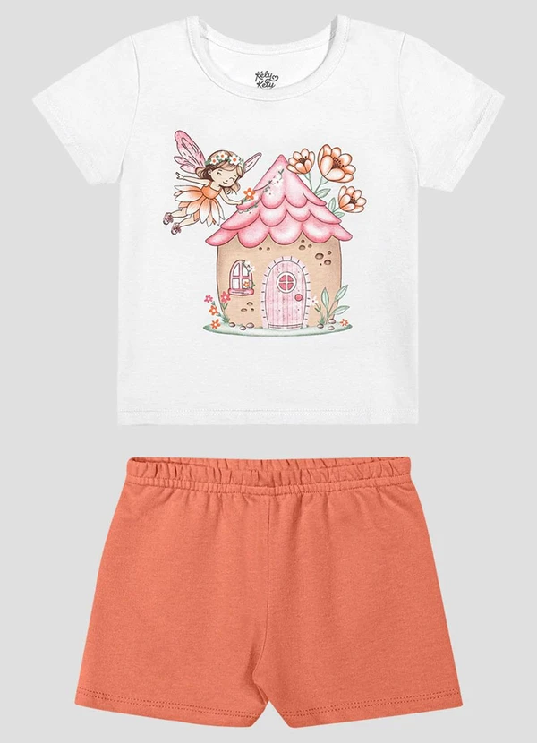Kely Kety - Conjunto Blusa Meia Malha e Shorts Branco