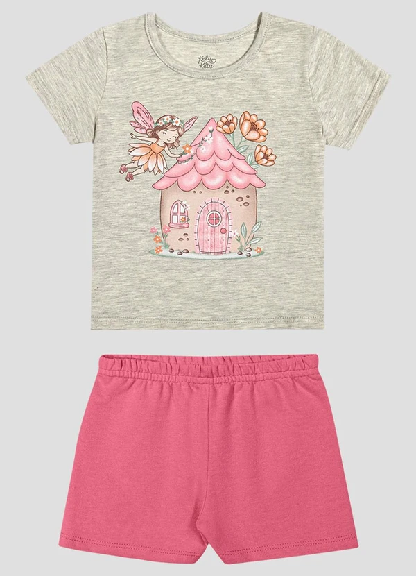 Kely Kety - Conjunto Blusa Meia Malha e Shorts Cinza