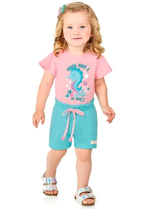 Marlan - Conjunto Blusa Meia Malha e Shorts Menina Ciano - MARLAN