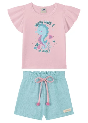 Marlan - Conjunto Blusa Meia Malha e Shorts Menina Ciano - MARLAN