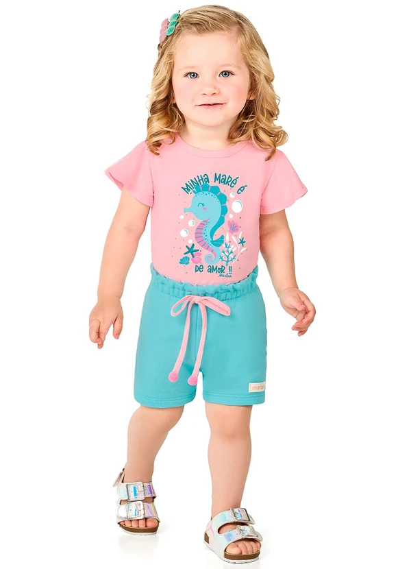 Marlan - Conjunto Blusa Meia Malha e Shorts Menina Ciano