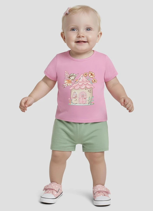 Kely Kety - Conjunto Blusa Meia Malha e Shorts Rosa