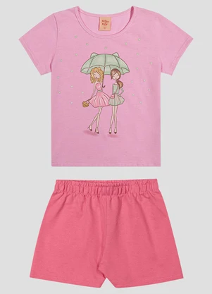 Kely Kety - Conjunto Blusa Meia Malha e Shorts Rosa - KELY KETY