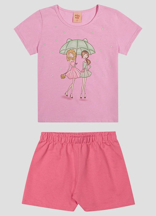 Kely Kety - Conjunto Blusa Meia Malha e Shorts Rosa