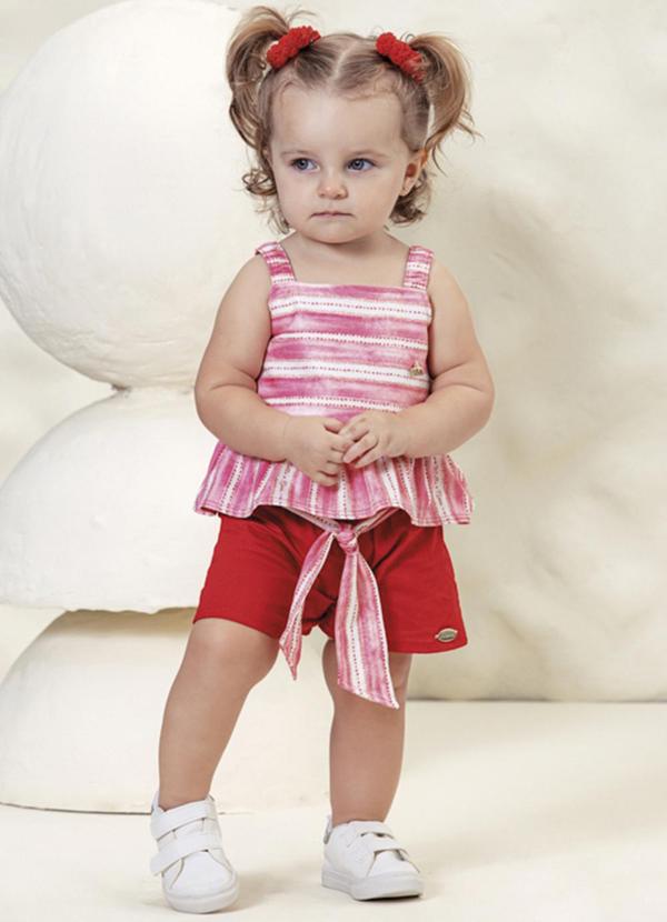 Milli e Nina - Conjunto Blusa Rajado e Shorts Tricoline Rosa